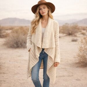 New Cream crochet knit shawl collar high/ low cascading cardigan NWT Sz XS